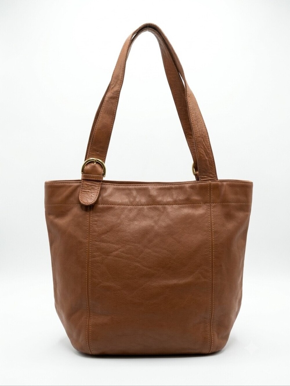 Vintage Cognac Brown Leather Tote Bag Classic Minimalist Shoulder Bag